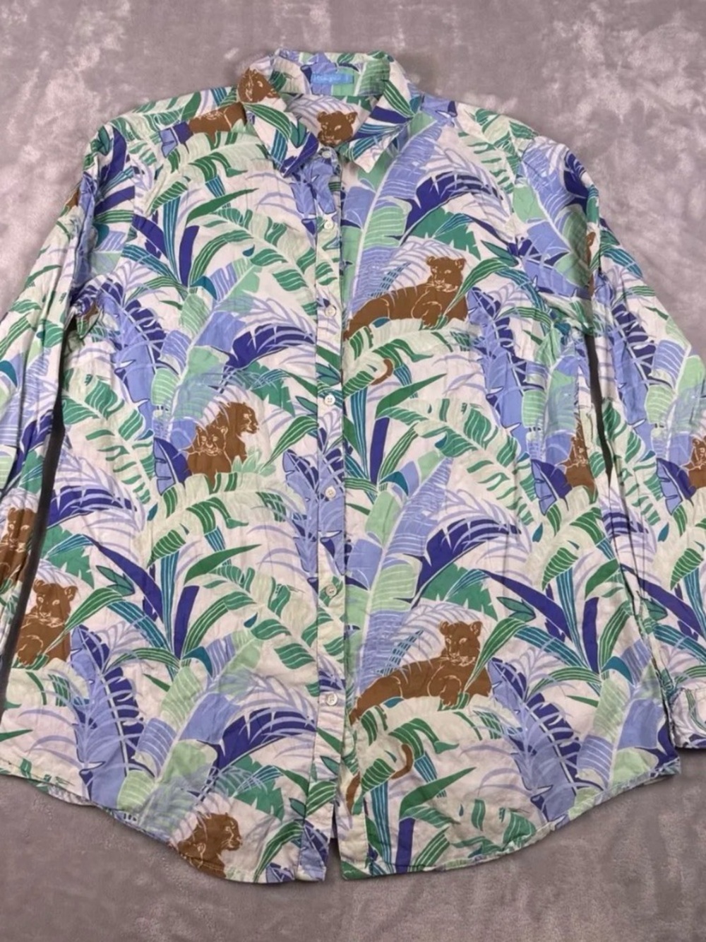 J. McLaughlin Lois Tropical Safari Button-Down Blouse Blue Green XL Cotton